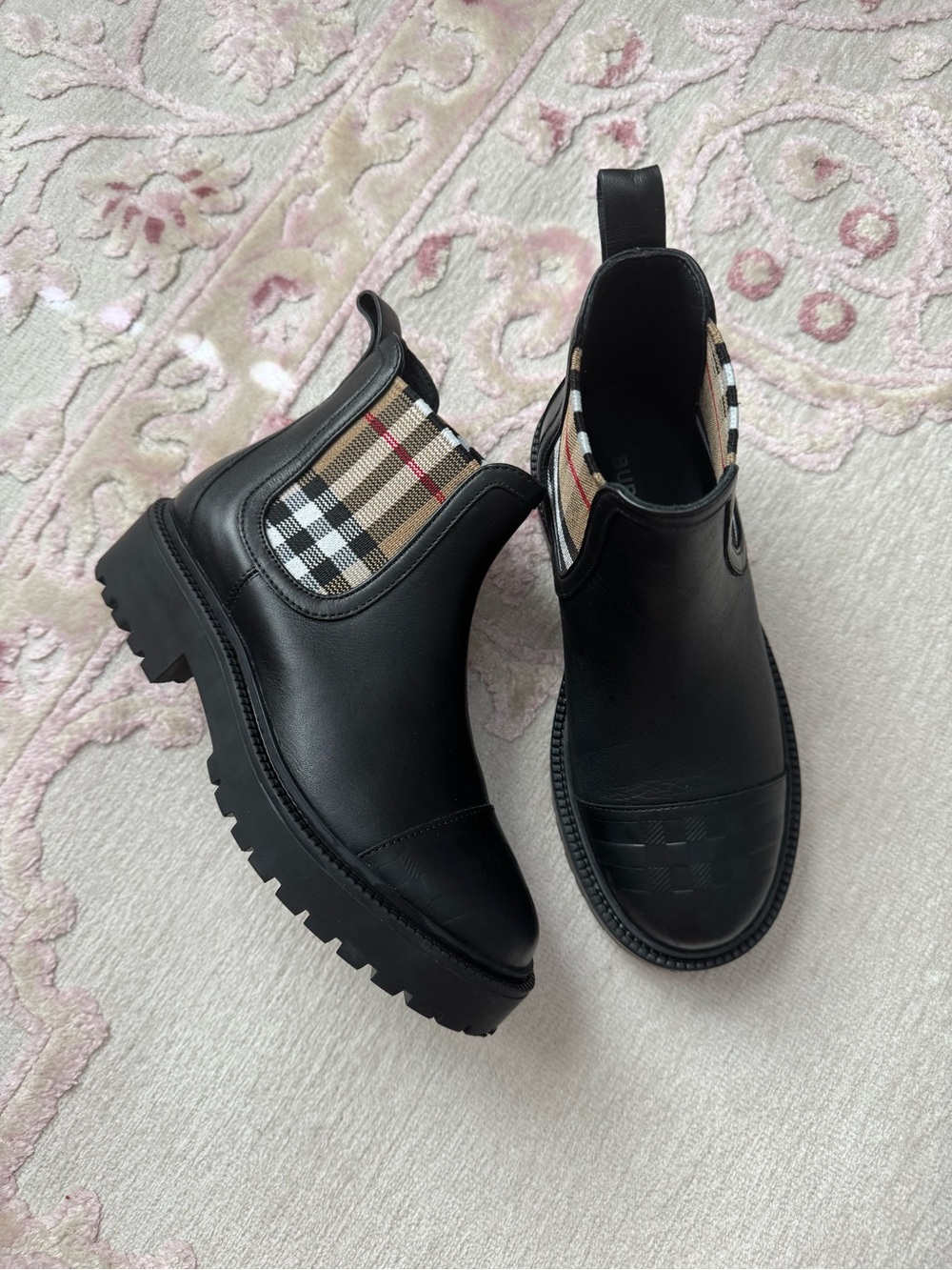 Burberry Black Chelsea Lug Sole Ankle Boots with Plaid Panel